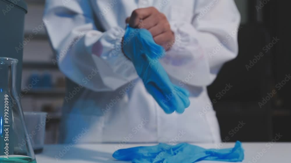 Crop faceless person wearing blue gloves in hand against blurred background of hospital corridor Crop faceless person wearing blue gloves in hand against blurred background of hospital corridor
