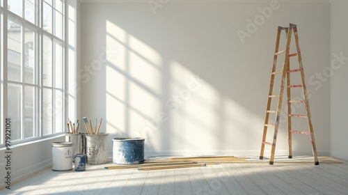 A residential renovation project with a focus on wall renovation and repainting, showing painting tools, brushes, and ladders set up around an empty room photo