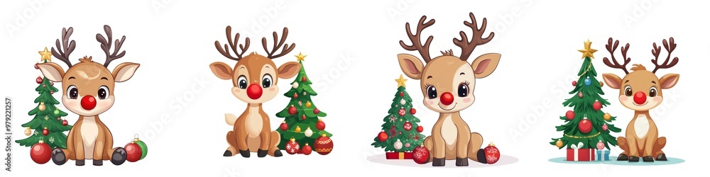 Cute reindeer characters surrounded by Christmas trees, perfect for festive designs and holiday themes. Cute reindeer characters surrounded by Christmas trees, perfect for festive designs and holiday themes.