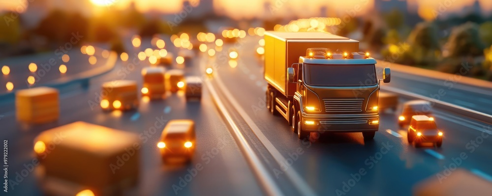 Fototapeta premium Delivery truck on highway, cargo transport logistics, 3D illustration