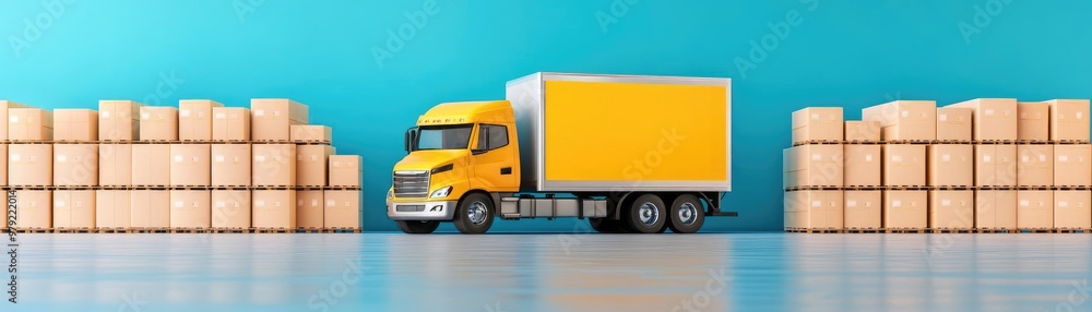 Delivery truck, unloading cargo at distribution center, 3D illustration Delivery truck, unloading cargo at distribution center, 3D illustration