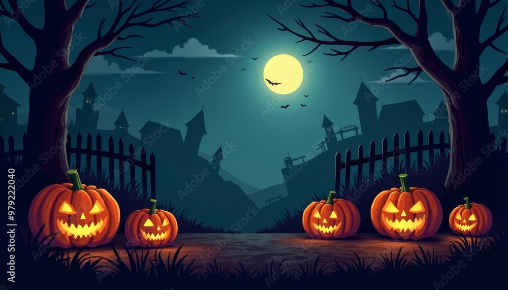 Fototapeta premium Spooky Halloween scene with jackolanterns and a full moon