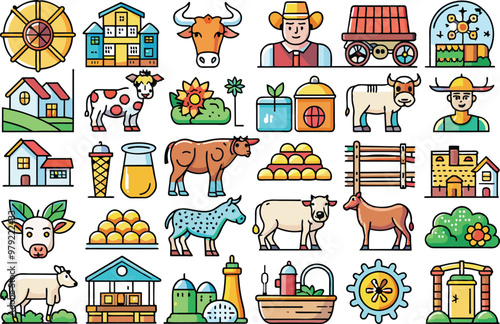 Cow flat icon set Includes Moo, Horns, Udder, Farmyard, Livestock and more. vector illustration
