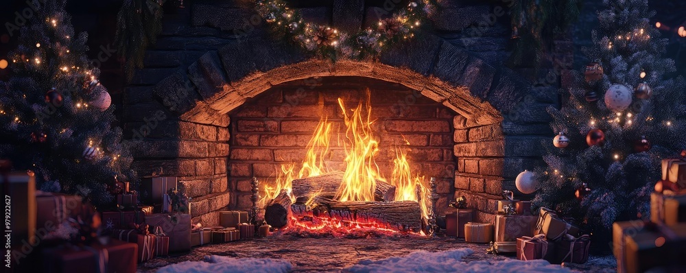 Cozy fireplace adorned for the holidays, radiating warmth amidst Christmas decorations and gifts, perfect for festive ambiance. Cozy fireplace adorned for the holidays, radiating warmth amidst Christmas decorations and gifts, perfect for festive ambiance.
