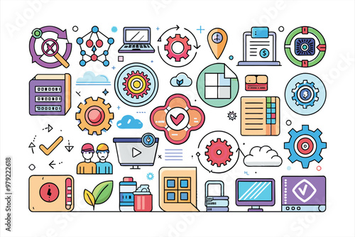 Flat DevOps Icon Set: Development and Operations Illustrations, IT and Software Engineering Icons for Web, Mobile Apps, UI Design, Digital Platforms, Vector Graphics, Flat Style, Technology theme