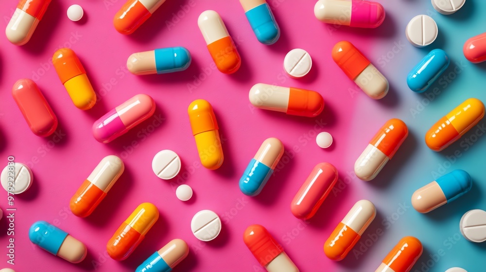 Colorful capsules and pills on a pink and blue background. Colorful capsules and pills on a pink and blue background.