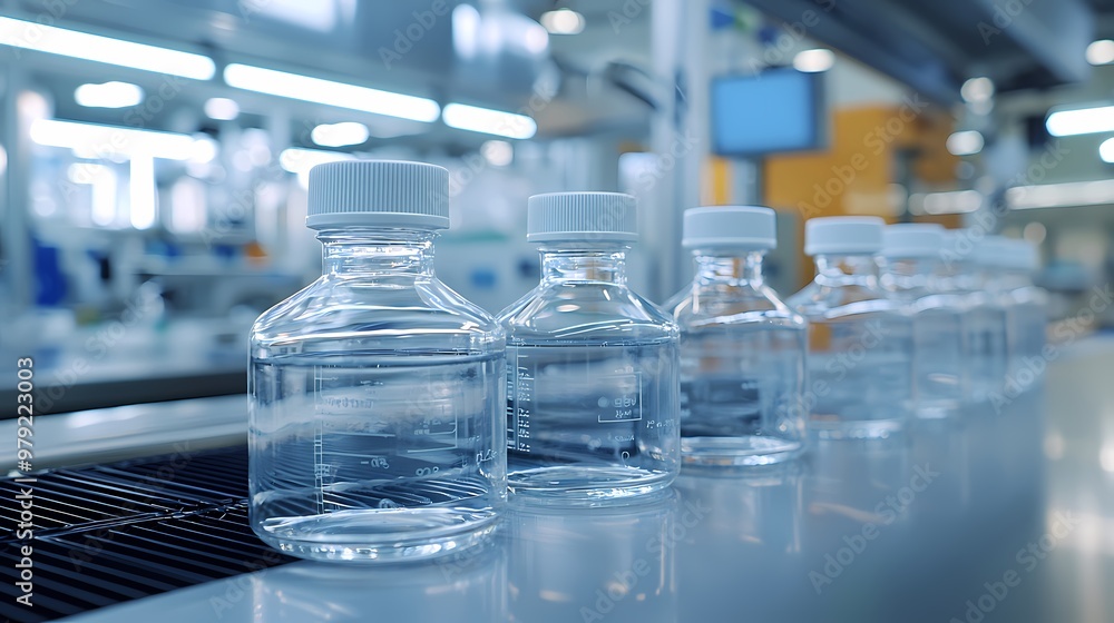 Clear laboratory glass bottles filled with water in a modern lab setting. Clear laboratory glass bottles filled with water in a modern lab setting.