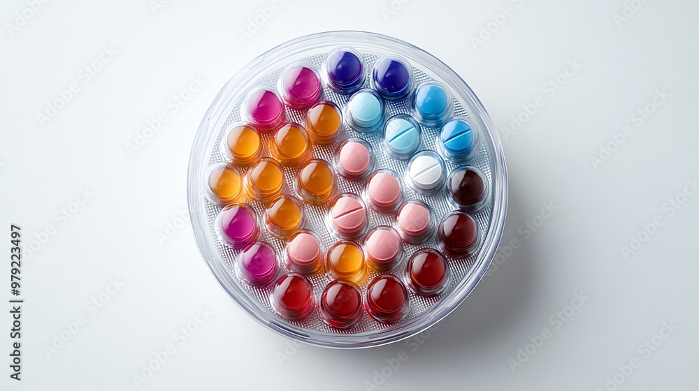 Closeup of birth control pills in a circular dispenser on a white background, healthcare and contraception concept with copy space Closeup of birth control pills in a circular dispenser on a white background, healthcare and contraception concept with copy space