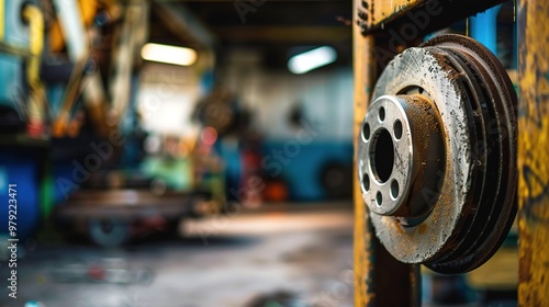 Close-up of a car brake disc showing signs of wear and rust, with a blurred background of a mechanic's workshop.Industrial,mechanical,maintenance,repair,service,brake failure accident,vehicle safety.