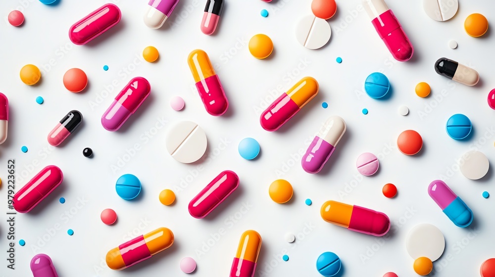 Colorful capsules and pills scattered on a white background. Colorful capsules and pills scattered on a white background.
