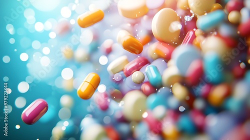 Colorful assortment of pills and capsules in a vibrant, abstract composition.