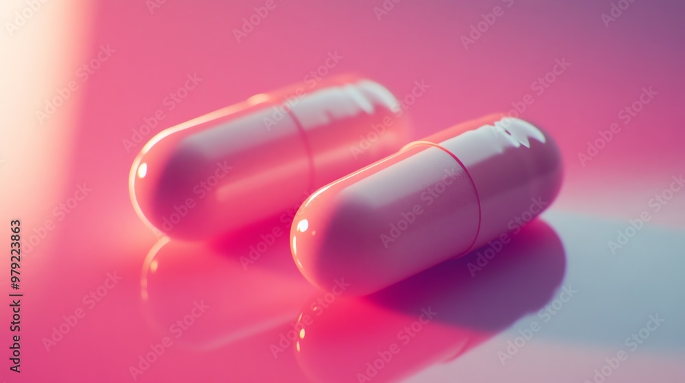 Two white pills on a pink surface with colorful reflections. Two white pills on a pink surface with colorful reflections.