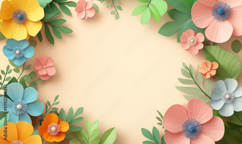 Vector frame with flowers and leaves background, blank space for text or design, cute pastel-colored floral border with copy space, spring nature theme decoration. Vector frame with flowers and leaves background, blank space for text or design, cute pastel-colored floral border with copy space, spring nature theme decoration.