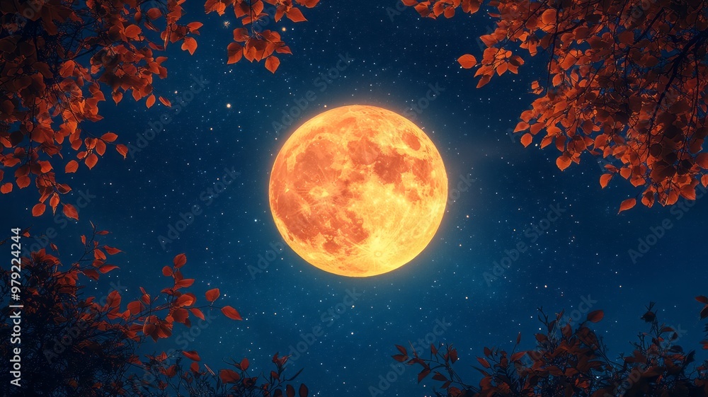 Full Moon Night Sky with Red Leaves Full Moon Night Sky with Red Leaves