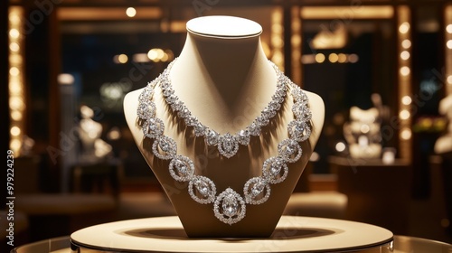 A stunning diamond jewelry set displayed in a high-end boutique, with a matching necklace and bracelet, highlighted by spotlights and surrounded by modern, luxurious photo