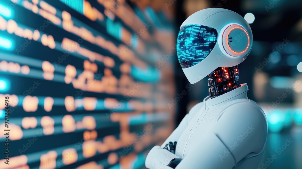 Complex algorithm projected as a hologram from a robotic trader, holographic finance, AI-driven financial models Complex algorithm projected as a hologram from a robotic trader, holographic finance, AI-driven financial models