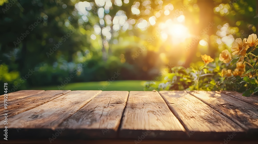 Fototapeta premium Beautiful sunlit wooden table with flowers in a serene garden setting.