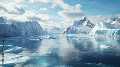 A melting ice landscape with rising sea levels due to global warming, highlighting the impact of CO2 emissions on the polar environment.