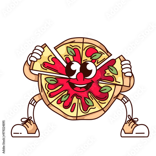 Groovy pizza cartoon character with triangle slices in hand. Funny retro whole pizza cut into pieces for friends. Fast food order, pizzeria mascot, cartoon sticker of 70s 80s style vector illustration