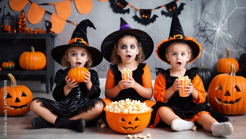 Fototapeta premium Three children in Halloween costumes enjoy snacks and decorations indoors