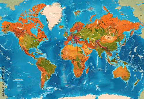 a simplified representation of a world map. Vector style, 3D rendering, World map bas-relief vector style