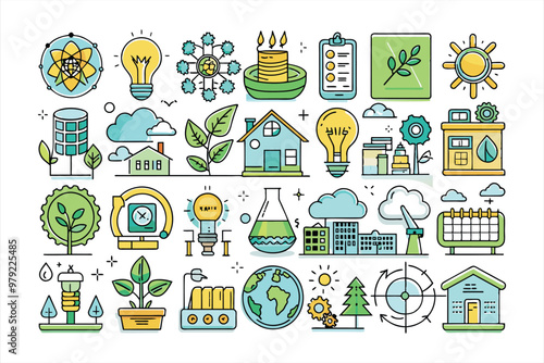 Energy Efficiency and Saving, Sustainable Development Icon Set – Flat Icons for Green Energy, Conservation, Eco-Friendly Practices, and Sustainability