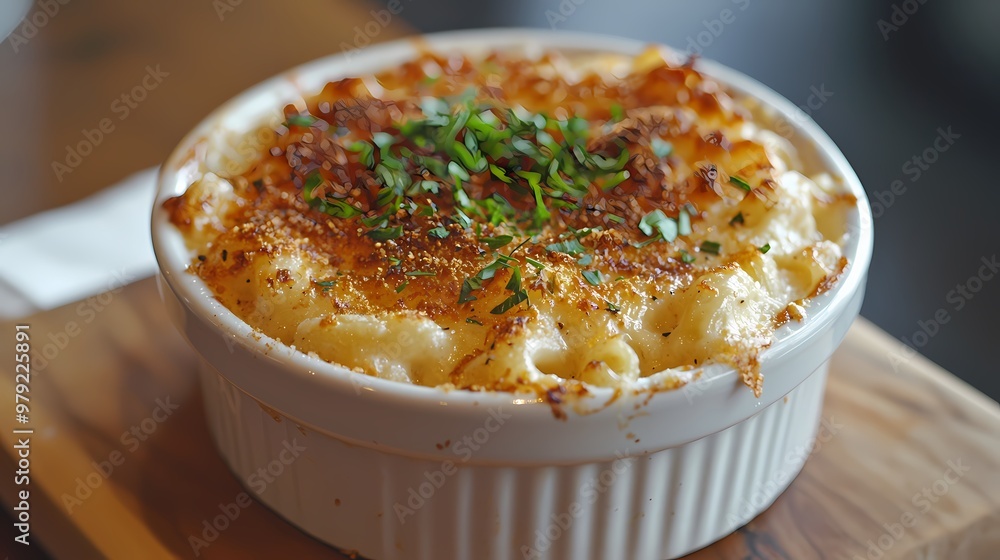 Delicious mac and cheese topped with golden crust and fresh herbs. Delicious mac and cheese topped with golden crust and fresh herbs.