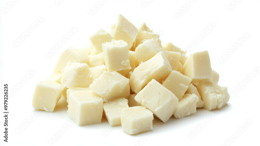 A pile of diced mozzarella cheese, set against a plain white background. A pile of diced mozzarella cheese, set against a plain white background.