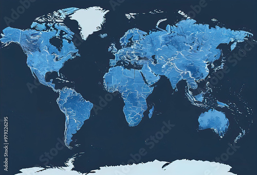 a simplified representation of a world map. Vector style, 3D rendering, World map bas-relief vector style