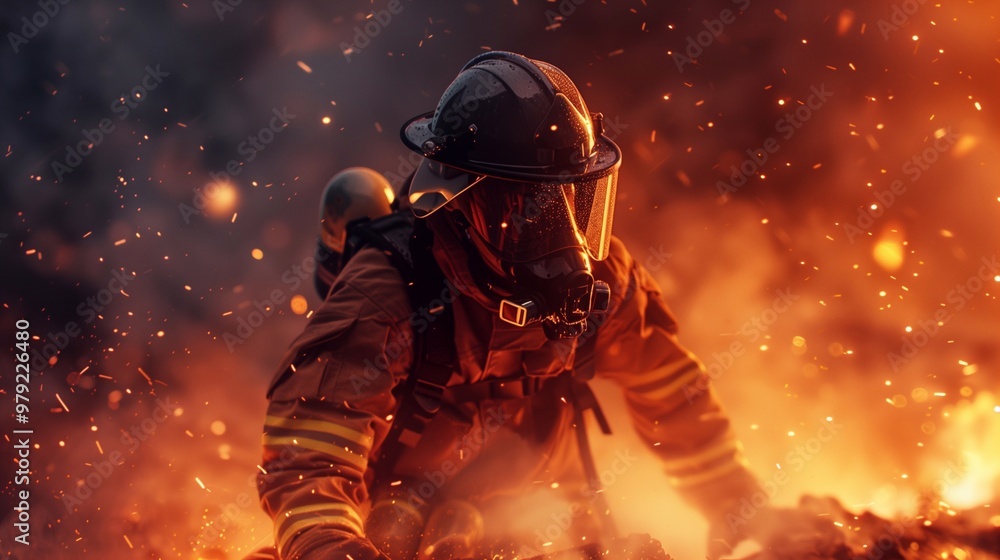 A firefighter trains in a controlled burn, navigating through intense flames and smoke to enhance skills in a challenging environment