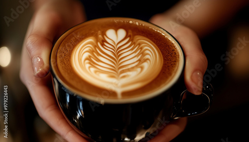 close-up of hands holding a black mug with latte art, showcasing the precision and skill in creating intricate patterns on top of the coffee foam