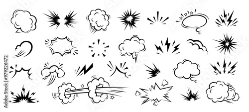 Hand drawn anime manga doodle line elements set. Collection of graphic effects for character emotion, speech bubble. Vector illustration of express shape, anime movement on white background 