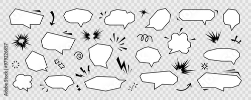 Hand drawn anime manga doodle line elements set. Collection of graphic effects for character emotion, speech bubble. Vector illustration of express shape, anime movement on transparent background 