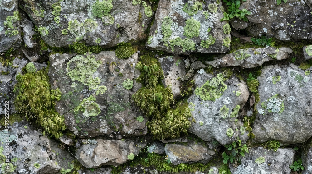 A close-up of a weathered stone wall covered in moss and lichen. A close-up of a weathered stone wall covered in moss and lichen.