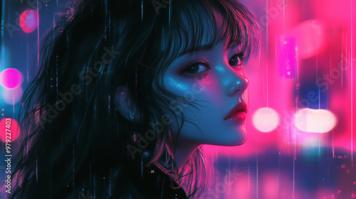 Synthwave anime manga girl, lofi background wallpaper design. anime illustaration 