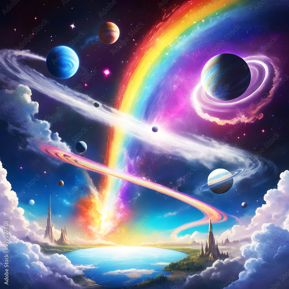 Fototapeta premium Another galaxy with planets and a rainbow art