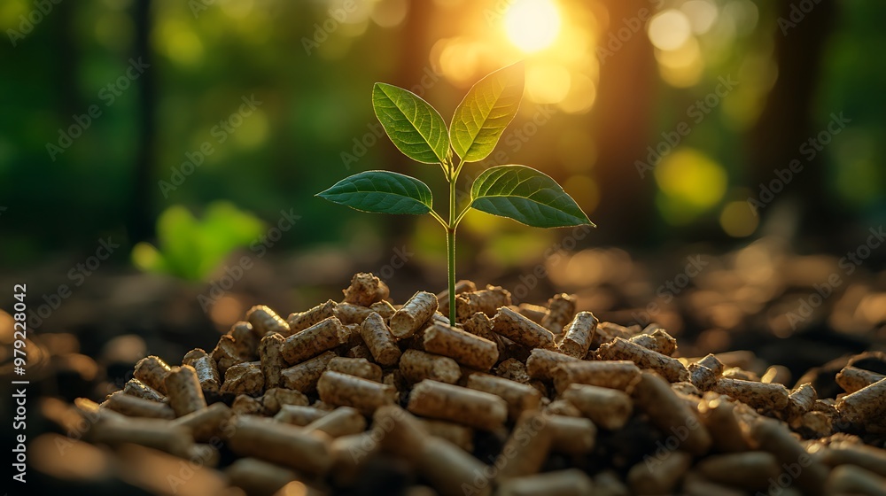 Fototapeta premium A small green plant sprout growing from a pile of wood pellets with the sun shining in the background.