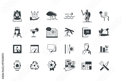 Chart, Cocktail, Digital data, Doctor, Flag, set of icons for web design, vector illustration
