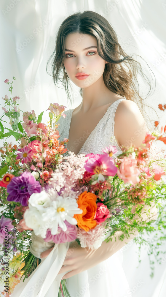 Bride with bright, fresh, wild flower bridal bouquet with a silk ribbon on a white background Bride with bright, fresh, wild flower bridal bouquet with a silk ribbon on a white background