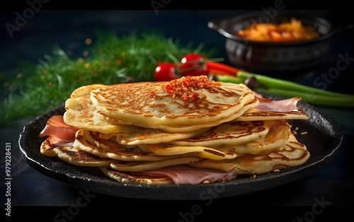 Savory pancakes with meat and vegetables on black photo