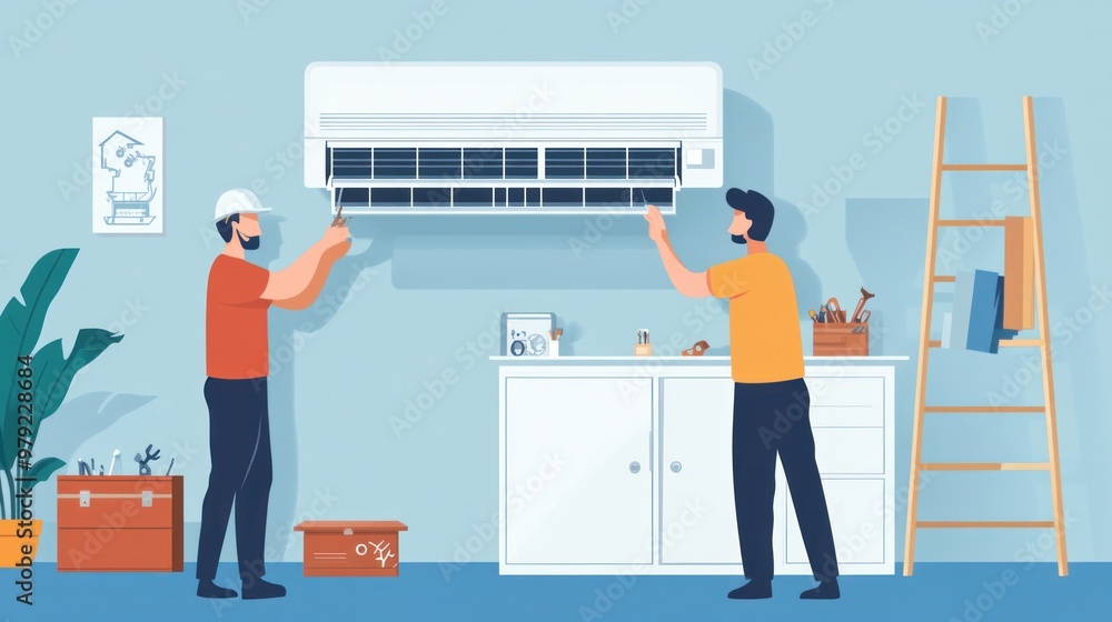 An air conditioning system being repaired in a home, with a technician carefully adjusting the internal components, and a ladder and toolbox positioned nearby An air conditioning system being repaired in a home, with a technician carefully adjusting the internal components, and a ladder and toolbox positioned nearby