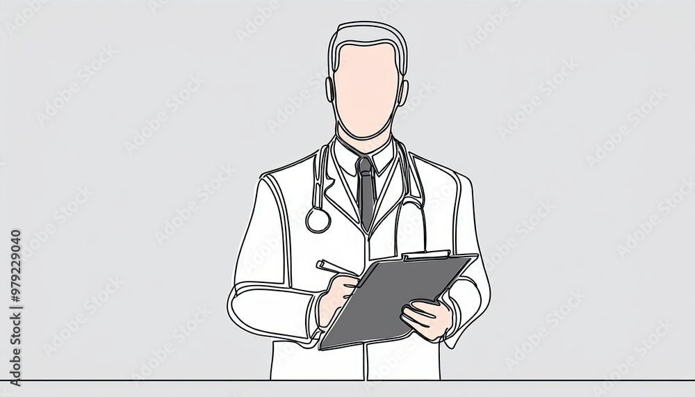  Continuous one line drawing clipboard in hand doctor. Doctor takes notes in clipboard