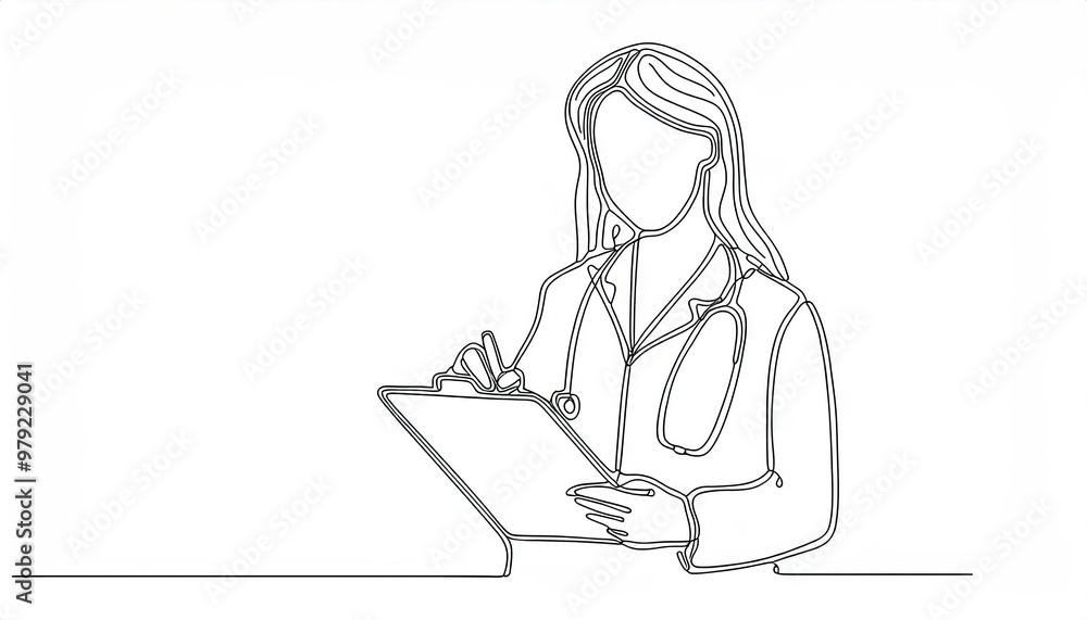 Continuous one line drawing clipboard in hand doctor. Doctor takes notes in clipboard Continuous one line drawing clipboard in hand doctor. Doctor takes notes in clipboard