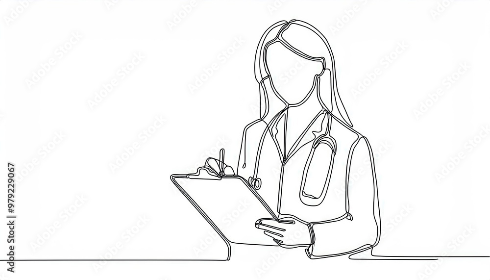 Continuous one line drawing clipboard in hand doctor. Doctor takes notes in clipboard Continuous one line drawing clipboard in hand doctor. Doctor takes notes in clipboard