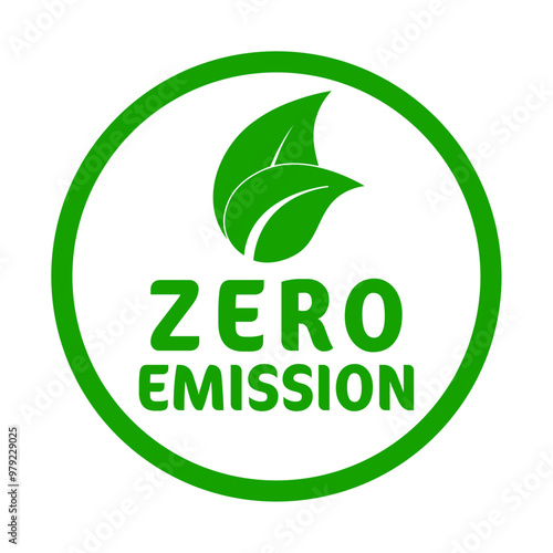 Zero emission eco friendly power badge. Sustainable energy and environmental responsibility label with green leaves and circle shape design.