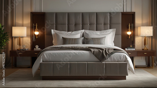 medium luxury bed with headboard and storage space, bedroom design in the house