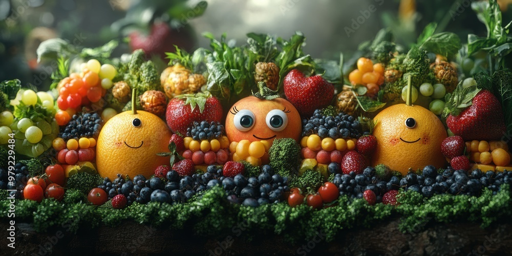A magical urban landscape where every street is filled with friendly fruits and vegetables bringing joy A magical urban landscape where every street is filled with friendly fruits and vegetables bringing joy