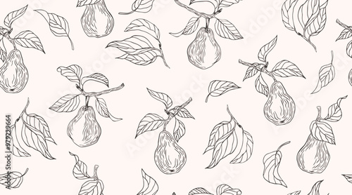 Seamless pattern with pears in engraving style. Template with nature motifs for kitchen design