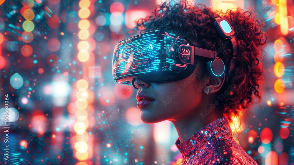 Woman in VR Headset with Neon Lights in Futuristic Digital World Woman in VR Headset with Neon Lights in Futuristic Digital World