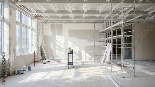 An empty office space undergoing renovation, with painting tools, scaffolding, and fresh white paint being applied to the walls photo